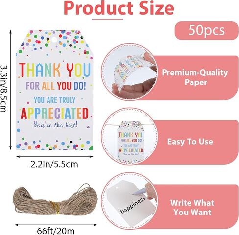 50PCS Thank You Tags with String Attached Thank You Paper Tags with Strings Colorful Dots Paper Gift Tag for Birthday Theme Party Teacher Appreciation Wedding in Saudi Arabia