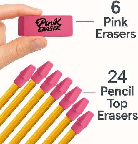 30 PCS Pink Eraser Bulk Set-6 محايات بلوك و 24 محوًا أعلى قلم رصاص ، مستلزمات مدرسية خالية من اللطخة ، للطلاب ، والمعلمين ، والمكتب ، والاستخدام المنزلي (الوردي) in Kuwait