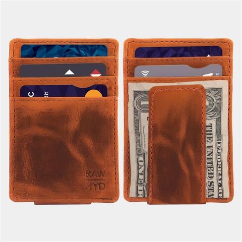 RAW HYD Men's Full-Grain Leather Slim Wallet with Money Clip - RFID Blocking, 5 Card Sleeves, Holds 15 Bills, Compact & Durable - Hunter Brown in Kuwait