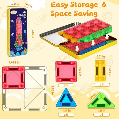 لبنات بناء البلاط المغناطيسي مجموعة لعبة: Mini Mini Magnetiles مجموعة 32 قطعة مع ألعاب البناء من الحديد هدية للأطفال والفتيان الذين تتراوح أعمارهم بين 3 و 12 عامًا. in Saudi Arabia