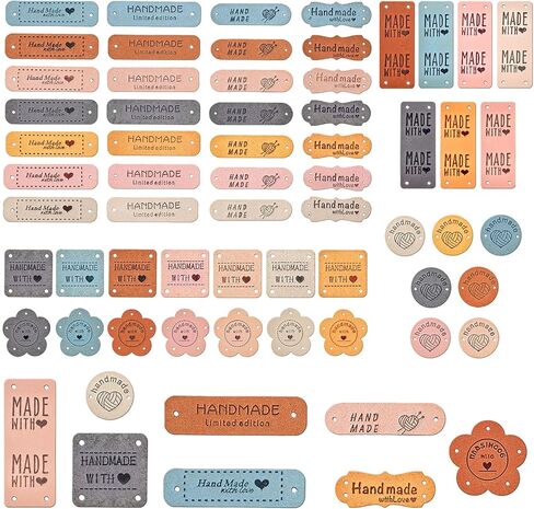 ElevateTech 56pcs ملصقات جلدية مصنوعة يدويًا علامات جلدية من الألياف الدقيقة لعناصر الكروشيه المنقوش على محفظة العلامات التي تصنع الإكسسوارات لحرف الملابس الحرف اليدوية قبعات الحياكة in Kuwait