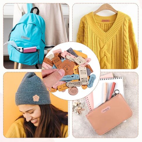 ElevateTech 56pcs ملصقات جلدية مصنوعة يدويًا علامات جلدية من الألياف الدقيقة لعناصر الكروشيه المنقوش على محفظة العلامات التي تصنع الإكسسوارات لحرف الملابس الحرف اليدوية قبعات الحياكة in Kuwait