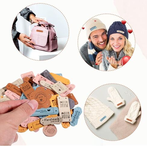 ElevateTech 56pcs ملصقات جلدية مصنوعة يدويًا علامات جلدية من الألياف الدقيقة لعناصر الكروشيه المنقوش على محفظة العلامات التي تصنع الإكسسوارات لحرف الملابس الحرف اليدوية قبعات الحياكة in Kuwait