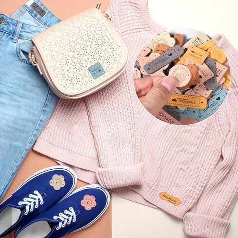 ElevateTech 56pcs ملصقات جلدية مصنوعة يدويًا علامات جلدية من الألياف الدقيقة لعناصر الكروشيه المنقوش على محفظة العلامات التي تصنع الإكسسوارات لحرف الملابس الحرف اليدوية قبعات الحياكة in Kuwait