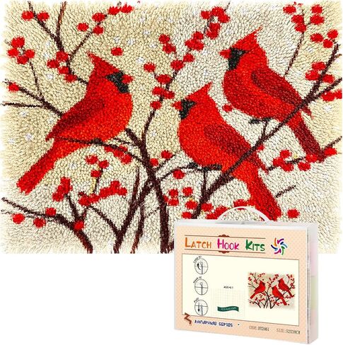 Latch Hook Rug Kit for Adults Red Cardinal on Red Berry Tree Pre-Printed Handmade Carpet Crochet Yarn Craft DIY Hook and Latch Door Mat Tapestry Home Floor Decoration 52x38cm(6) in Saudi Arabia