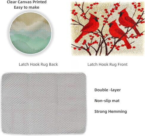 Latch Hook Rug Kit for Adults Red Cardinal on Red Berry Tree Pre-Printed Handmade Carpet Crochet Yarn Craft DIY Hook and Latch Door Mat Tapestry Home Floor Decoration 52x38cm(6) in Saudi Arabia