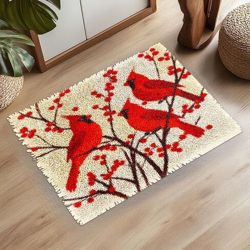 Latch Hook Rug Kit for Adults Red Cardinal on Red Berry Tree Pre-Printed Handmade Carpet Crochet Yarn Craft DIY Hook and Latch Door Mat Tapestry Home Floor Decoration 52x38cm(6) in Saudi Arabia