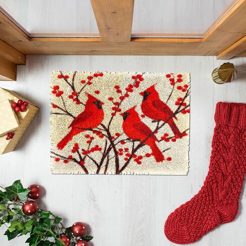 Latch Hook Rug Kit for Adults Red Cardinal on Red Berry Tree Pre-Printed Handmade Carpet Crochet Yarn Craft DIY Hook and Latch Door Mat Tapestry Home Floor Decoration 52x38cm(6) in Saudi Arabia