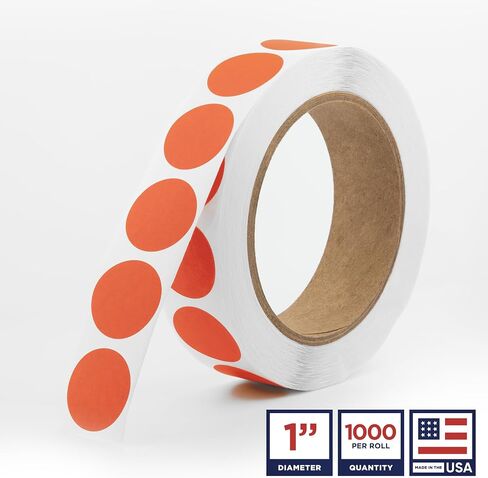 Fluorescent Red 1-Inch Circle Dot Stickers – 1,000 Round Adhesive Labels per Roll, Colored Stickers for Garage Sale Price Tags, Classroom, Inventory, Office & Yard Sale Supplies, Made in USA in Saudi Arabia