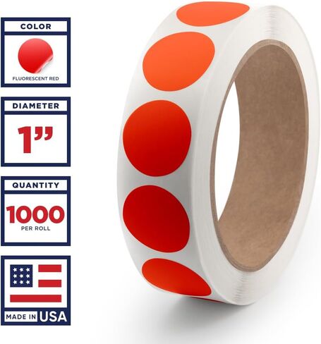 Fluorescent Red 1-Inch Circle Dot Stickers – 1,000 Round Adhesive Labels per Roll, Colored Stickers for Garage Sale Price Tags, Classroom, Inventory, Office & Yard Sale Supplies, Made in USA in Saudi Arabia
