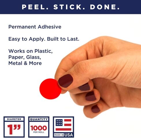 Fluorescent Red 1-Inch Circle Dot Stickers – 1,000 Round Adhesive Labels per Roll, Colored Stickers for Garage Sale Price Tags, Classroom, Inventory, Office & Yard Sale Supplies, Made in USA in Saudi Arabia