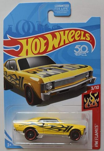 Hot Wheels Flames 3/10, Yellow with Flames '68 Chevy NOVA 50TH Anniversary Card in Saudi Arabia