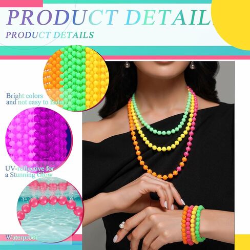 Tondiamo 72pcs Neon Bead Necklaces Bracelet, 80s Women Costume Accessories Set Glow in The Dark UV Bead Necklaces Bracelet Glow Party Supplies for Concert Halloween Mardi Gras Party Supplies in Saudi Arabia