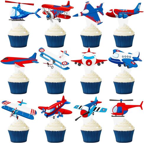 Airplane Cupcake Toppers Airplane Birthday Party Decorations 48PCS Plane Cupcake Picks Aircraft Helicopter Cake Decor for Aviation Theme Pilot Baby Shower Birthday Party Supplies in Saudi Arabia