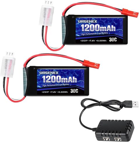 بطارية Urgenex 7.4V LIPO مع JST Plug 2S 30C (BURST 60C) 1200MAH بطارية ليثيوم قابلة للشحن متوافقة مع UDIRC Cheewing ومعظم 1/10 ، 1/16 ، 1/18 ، 1/24 سيارات RC TRUCS HELICOPTER بدون طيار in Kuwait