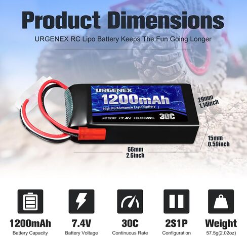 URGENEX 7.4V Lipo Battery with JST Plug 2S 30C(Burst 60C) 1200mAh Rechargeable Lithium Battery Compatible with UDIRC Cheewing and Most 1/10, 1/16, 1/18, 1/24 Scale RC Cars Trucks Helicopter Drone in Saudi Arabia