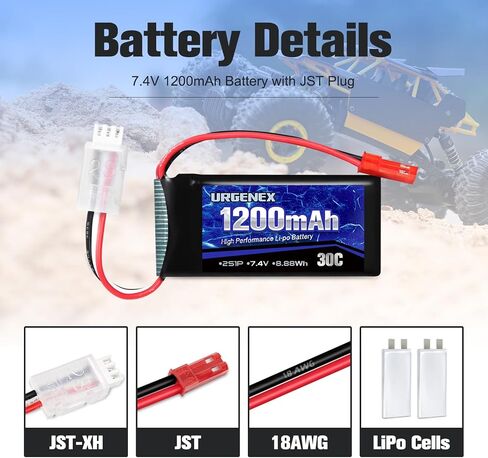 URGENEX 7.4V Lipo Battery with JST Plug 2S 30C(Burst 60C) 1200mAh Rechargeable Lithium Battery Compatible with UDIRC Cheewing and Most 1/10, 1/16, 1/18, 1/24 Scale RC Cars Trucks Helicopter Drone in Saudi Arabia