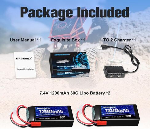 بطارية Urgenex 7.4V LIPO مع JST Plug 2S 30C (BURST 60C) 1200MAH بطارية ليثيوم قابلة للشحن متوافقة مع UDIRC Cheewing ومعظم 1/10 ، 1/16 ، 1/18 ، 1/24 سيارات RC TRUCS HELICOPTER بدون طيار in Kuwait