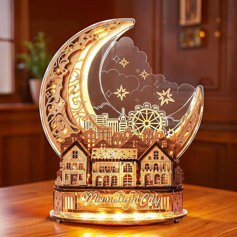3D DIY Puzzle Moon Moon City Model - LED 3D Wood Puzzle - الألغاز الخشبية ثلاثية الأبعاد للبالغين هدايا ديكور المنزل للأطفال والبالغين ، بني in Kuwait