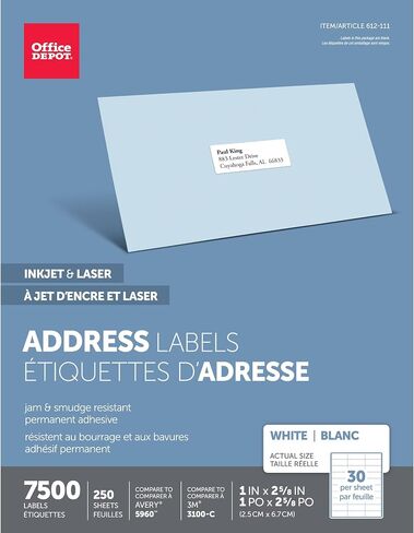 Office Depot White Inkjet/Laser Advice Labels ، 1in. x 2 5/8in. ، صندوق من 7500 ، 505-O004-0005 in Saudi Arabia