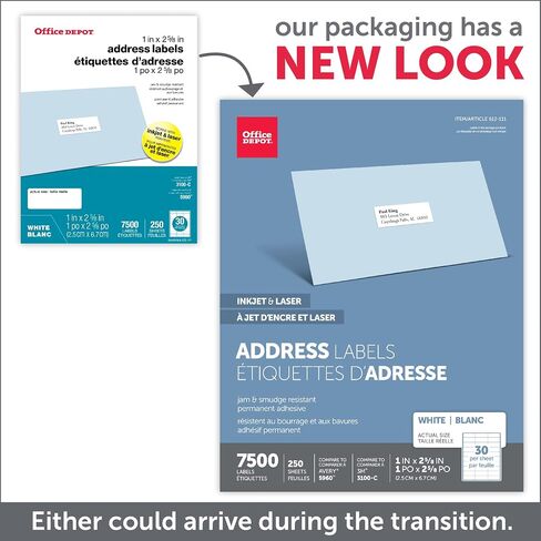 Office Depot White Inkjet/Laser Advice Labels ، 1in. x 2 5/8in. ، صندوق من 7500 ، 505-O004-0005 in Saudi Arabia
