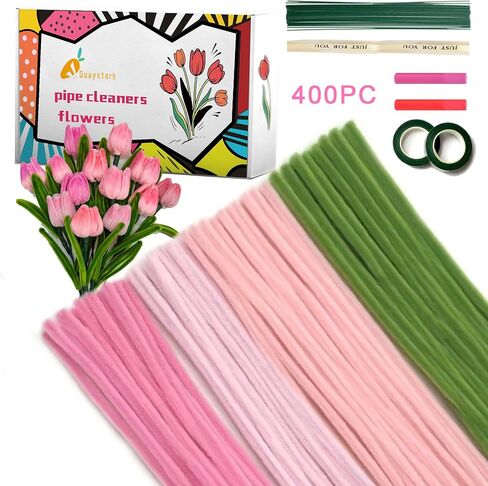 Quaystars Pipe Cleaners Craft Pink Chenille Stems Flower Making Kit 400 Pcs Pipe Cleaner Craft,4 Assorted Colors Chenille Stem Making Kit with Tutorial,Creative Gift Party Decoration in Saudi Arabia