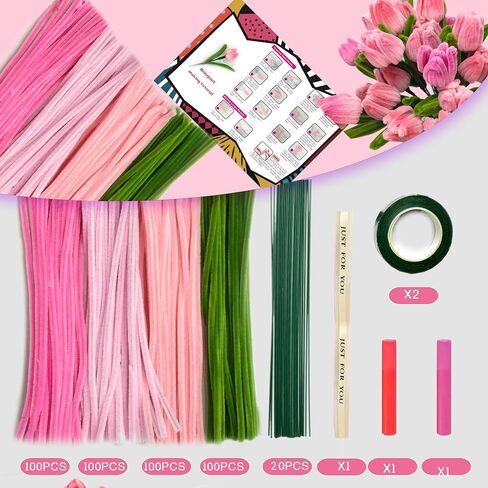 Quaystars Pipe Cleaners Craft Pink Chenille Stems Flower Making Kit 400 Pcs Pipe Cleaner Craft,4 Assorted Colors Chenille Stem Making Kit with Tutorial,Creative Gift Party Decoration in Saudi Arabia