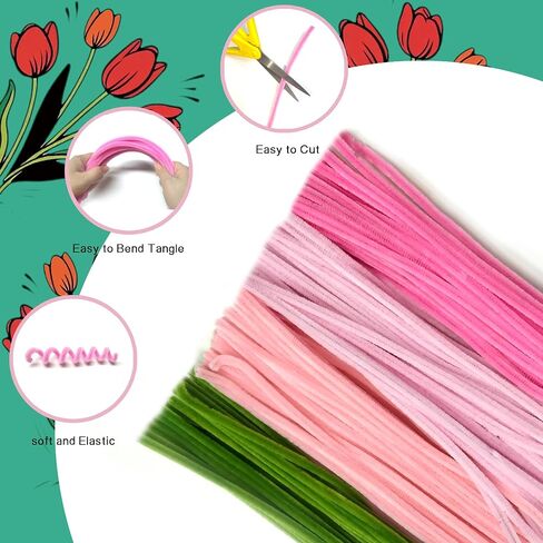 Quaystars Pipe Cleaners Craft Pink Chenille Stems Flower Making Kit 400 Pcs Pipe Cleaner Craft,4 Assorted Colors Chenille Stem Making Kit with Tutorial,Creative Gift Party Decoration in Saudi Arabia