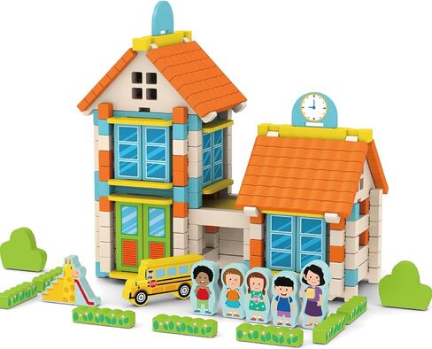 182PCS Wooden Building Blocks Set for Toddlers, Construction City Stacking Toys, Preschool Learning Educational Toys for Kids 3+ Years Girls and Boys (School) in Kuwait