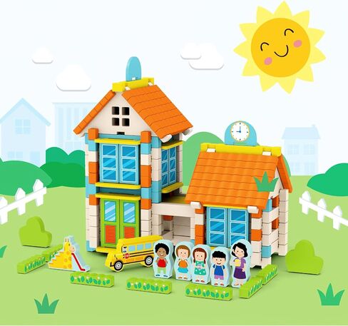 182PCS Wooden Building Blocks Set for Toddlers, Construction City Stacking Toys, Preschool Learning Educational Toys for Kids 3+ Years Girls and Boys (School) in Kuwait