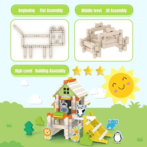 182PCS Wooden Building Blocks Set for Toddlers, Construction City Stacking Toys, Preschool Learning Educational Toys for Kids 3+ Years Girls and Boys (School) in Kuwait