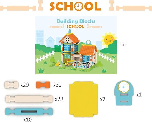 182PCS Wooden Building Blocks Set for Toddlers, Construction City Stacking Toys, Preschool Learning Educational Toys for Kids 3+ Years Girls and Boys (School) in Kuwait