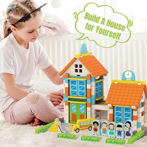 182PCS Wooden Building Blocks Set for Toddlers, Construction City Stacking Toys, Preschool Learning Educational Toys for Kids 3+ Years Girls and Boys (School) in Kuwait