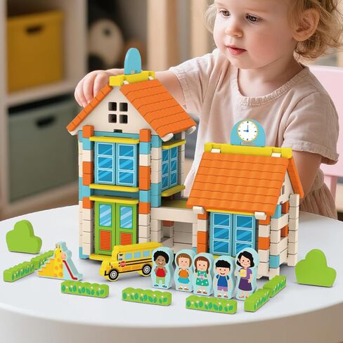 182PCS Wooden Building Blocks Set for Toddlers, Construction City Stacking Toys, Preschool Learning Educational Toys for Kids 3+ Years Girls and Boys (School) in Kuwait