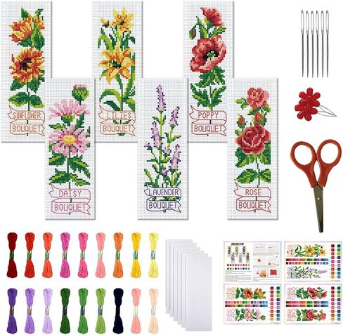 FreeBloss 6 Set Cross Stitch Borkmark Kits Ownusions Pattern Stamped Tembroidery Kit Stitch Stitch Book Book Marks Princed Cross Stitch Tet مع تعليمات للمبتدئين البالغين 8'x2.4 '' ' in Saudi Arabia