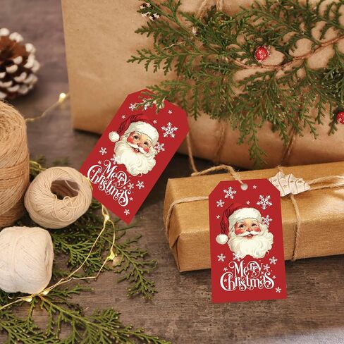 Christmas Tags with String, Red Santa Merry Christmas Tags, 2 x 3.5 Inch Writable Hanging Labels, Celebrating Party Supplies for Gift Wrapping, Xmas Tree, DIY Craft, Home Decor(50Pcs)-B24 in Saudi Arabia