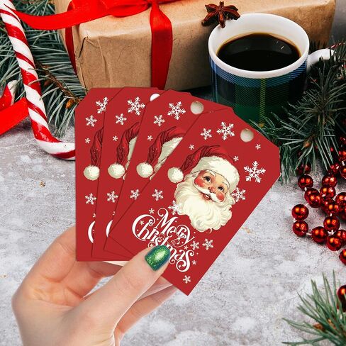 Christmas Tags with String, Red Santa Merry Christmas Tags, 2 x 3.5 Inch Writable Hanging Labels, Celebrating Party Supplies for Gift Wrapping, Xmas Tree, DIY Craft, Home Decor(50Pcs)-B24 in Saudi Arabia