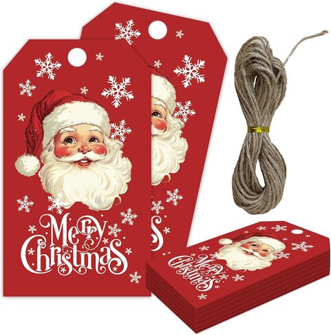 Christmas Tags with String, Red Santa Merry Christmas Tags, 2 x 3.5 Inch Writable Hanging Labels, Celebrating Party Supplies for Gift Wrapping, Xmas Tree, DIY Craft, Home Decor(50Pcs)-B24 in Saudi Arabia