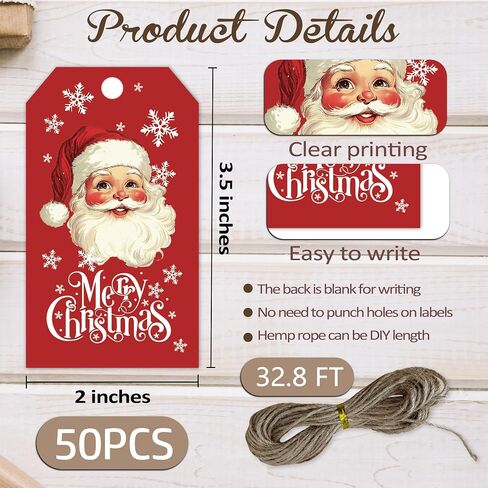 Christmas Tags with String, Red Santa Merry Christmas Tags, 2 x 3.5 Inch Writable Hanging Labels, Celebrating Party Supplies for Gift Wrapping, Xmas Tree, DIY Craft, Home Decor(50Pcs)-B24 in Saudi Arabia