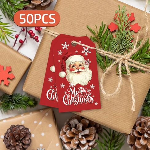 Christmas Tags with String, Red Santa Merry Christmas Tags, 2 x 3.5 Inch Writable Hanging Labels, Celebrating Party Supplies for Gift Wrapping, Xmas Tree, DIY Craft, Home Decor(50Pcs)-B24 in Saudi Arabia