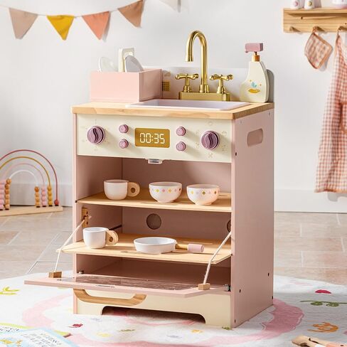 ROBOTIME Wooden Toy Dishwasher Sink – Pink Pretend Kitchen Toy with Gold Faucet, Turning Knobs, Dish Rack, Plates, Bowls, Cups – Montessori Wooden Play Kitchen for Girls Ages 3+ in Saudi Arabia