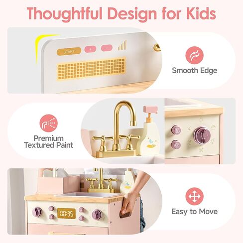 ROBOTIME Wooden Toy Dishwasher Sink – Pink Pretend Kitchen Toy with Gold Faucet, Turning Knobs, Dish Rack, Plates, Bowls, Cups – Montessori Wooden Play Kitchen for Girls Ages 3+ in Saudi Arabia
