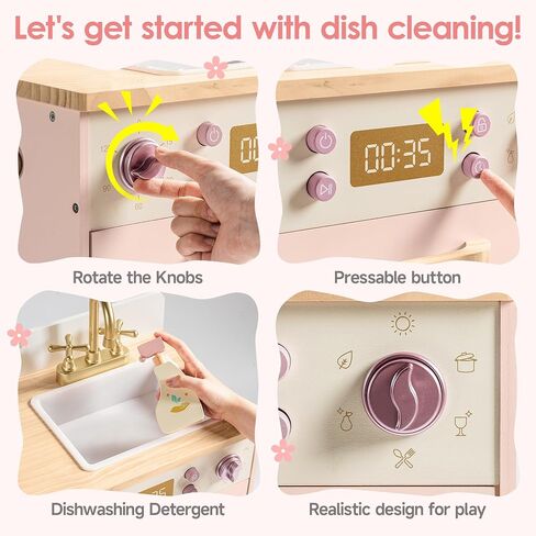 ROBOTIME Wooden Toy Dishwasher Sink – Pink Pretend Kitchen Toy with Gold Faucet, Turning Knobs, Dish Rack, Plates, Bowls, Cups – Montessori Wooden Play Kitchen for Girls Ages 3+ in Saudi Arabia