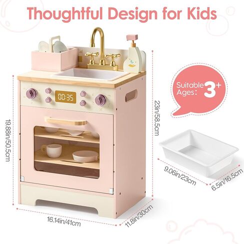 ROBOTIME Wooden Toy Dishwasher Sink – Pink Pretend Kitchen Toy with Gold Faucet, Turning Knobs, Dish Rack, Plates, Bowls, Cups – Montessori Wooden Play Kitchen for Girls Ages 3+ in Saudi Arabia