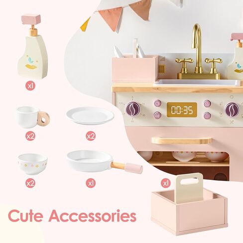 ROBOTIME Wooden Toy Dishwasher Sink – Pink Pretend Kitchen Toy with Gold Faucet, Turning Knobs, Dish Rack, Plates, Bowls, Cups – Montessori Wooden Play Kitchen for Girls Ages 3+ in Saudi Arabia
