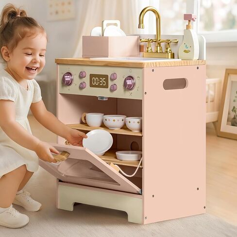 ROBOTIME Wooden Toy Dishwasher Sink – Pink Pretend Kitchen Toy with Gold Faucet, Turning Knobs, Dish Rack, Plates, Bowls, Cups – Montessori Wooden Play Kitchen for Girls Ages 3+ in Saudi Arabia