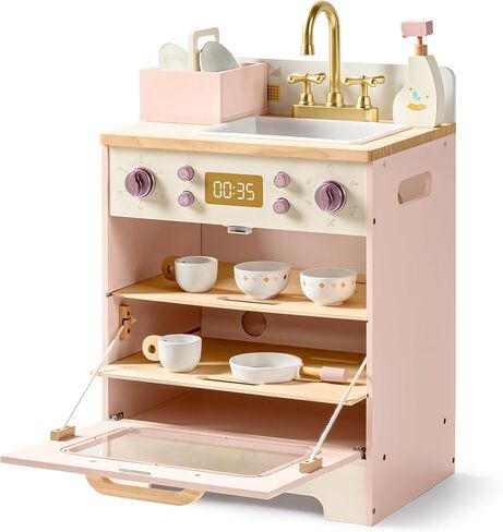 ROBOTIME Wooden Toy Dishwasher Sink – Pink Pretend Kitchen Toy with Gold Faucet, Turning Knobs, Dish Rack, Plates, Bowls, Cups – Montessori Wooden Play Kitchen for Girls Ages 3+ in Saudi Arabia