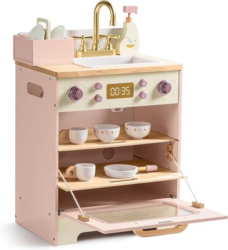 ROBOTIME Wooden Toy Dishwasher Sink – Pink Pretend Kitchen Toy with Gold Faucet, Turning Knobs, Dish Rack, Plates, Bowls, Cups – Montessori Wooden Play Kitchen for Girls Ages 3+ in Saudi Arabia