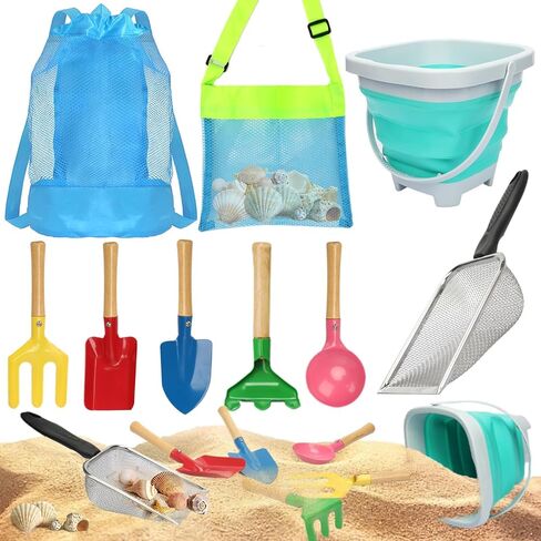 Mototo 9 PCS Beach Sand Sifter Tools Set Shark Tooth Sifter Beach Mesh Shovel with Shell Bags Collapsible Beach Bucket for Shells Collecting Shark Tooth Game Tools in Kuwait