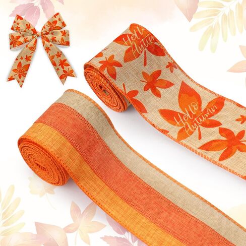 2 Rolls Fall Fabric Ribbon Thanksgiving Burlap Linen Ribbons Fall Maple Leaves Orange Brown Strips Edge Wired Decor Ribbons for Fall Thanksgiving Party Gift Wrapping Crafts Decoration Supplies 5 Yards in Saudi Arabia